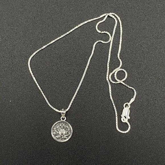 Lotus Flower Sterling Silver Disc Pendant Necklace - Picture 1 of 5